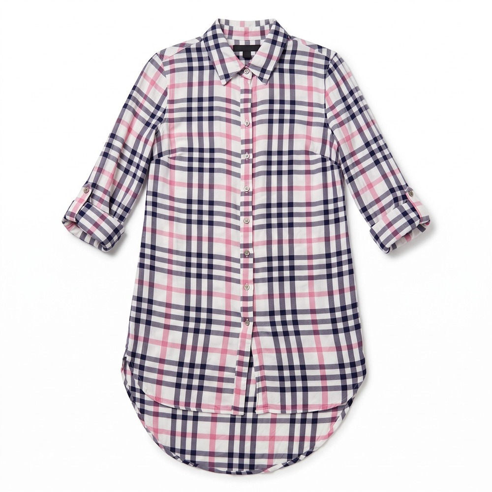 New York & Company S Womens White Navy Pink Plaid Tunic Shirt Preppy Casual
